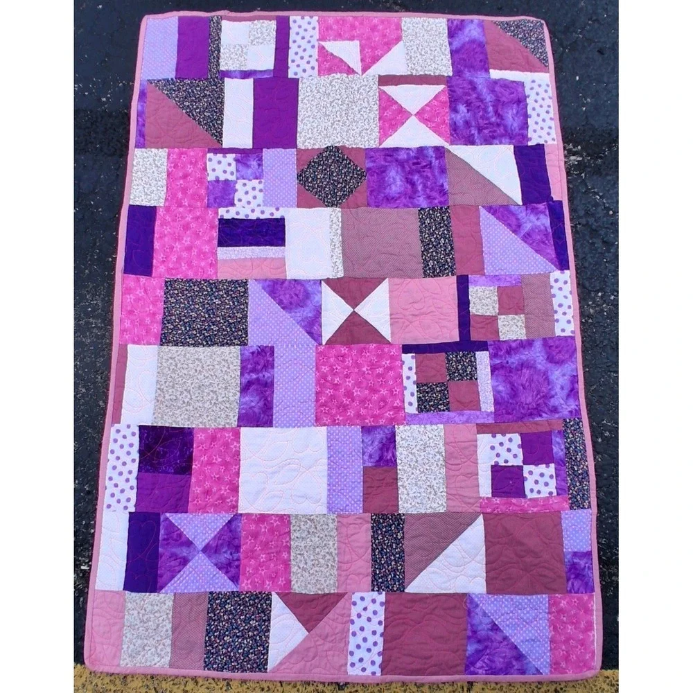 Vintage Handmade Baby Girl Crib Quilt Blanket OOAK Pinks Purples Patchwork